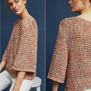 Anthropologie Moth Chunky Knit Oversized Pink Green and White Sweater